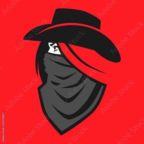 Beautiful masked cowgirl outlaw portrait symbol on white backdrop. Design element	