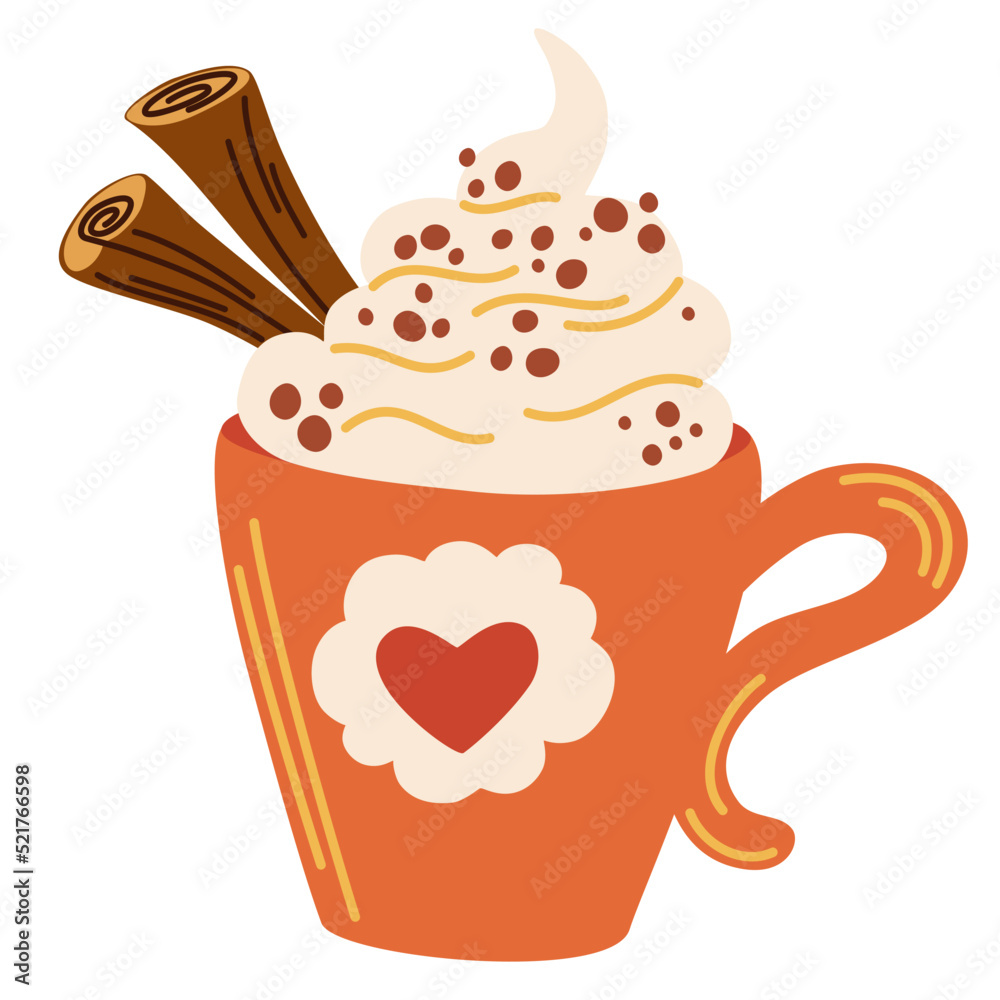 Cocoa mug with cream and cinnamon. Autumn or winter warming drink. Christmas coffee mug. Perfect for restaurant, bar, menus and web. Vector cartoon illustration isolated on the white background. Cocoa mug with cream and cinnamon. Autumn or winter warming drink. Christmas coffee mug. Perfect for restaurant, bar, menus and web. Vector cartoon illustration isolated on the white background.
