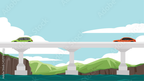 Cars driving on a bridge over a river. with landscape nature of mountains under blue sky and white clouds.