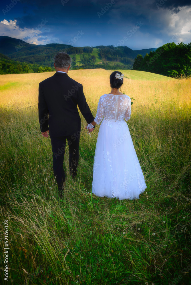 Newlyweds walking on a summer meadow