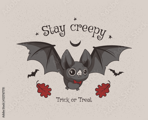 Vector invitation for Halloween parties or greeting cards with traditional symbols. Cute bat in flight. Hand drawn vector cartoon.