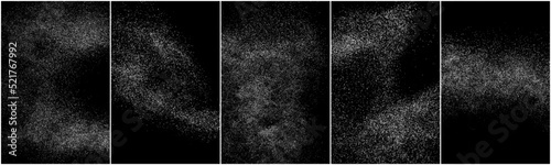 Set of abstract white grainy texture isolated on black background. Dust overlay textured. Grain noise particles. Snow effects. Design element. Vector illustration, EPS 10. 