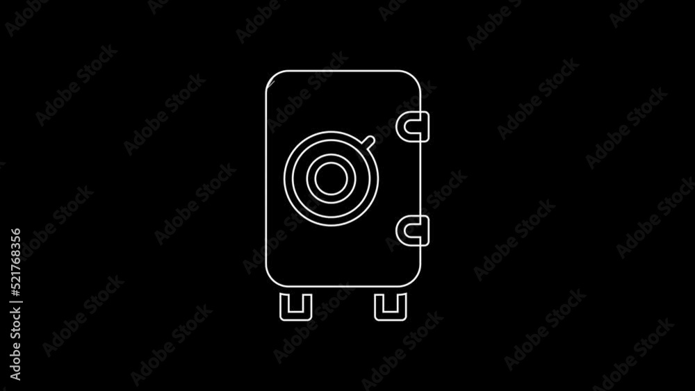White line Safe icon isolated on black background. The door safe a bank vault with a combination lock. Reliable Data Protection. 4K Video motion graphic animation White line Safe icon isolated on black background. The door safe a bank vault with a combination lock. Reliable Data Protection. 4K Video motion graphic animation