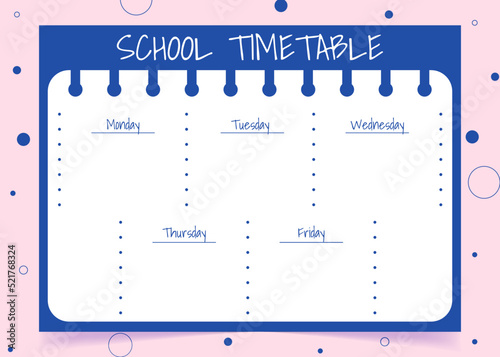 School schedule. Timetable for kids with supplies. Weekly time table with day of the week. Educational classes diary. A4 paper size.