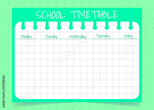 School timetable template for kids. Weekly planner. Paper in cells. Schedule design template.