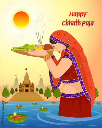 Happy Chhath puja holiday background. Woman worshiping in river.