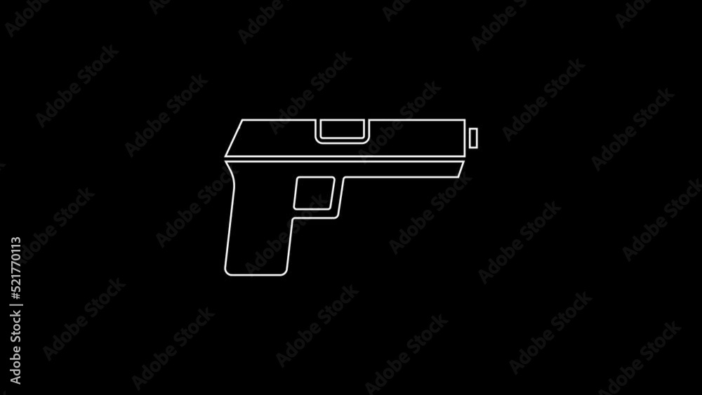 White line Pistol or gun icon isolated on black background. Police or military handgun. Small firearm. 4K Video motion graphic animation White line Pistol or gun icon isolated on black background. Police or military handgun. Small firearm. 4K Video motion graphic animation