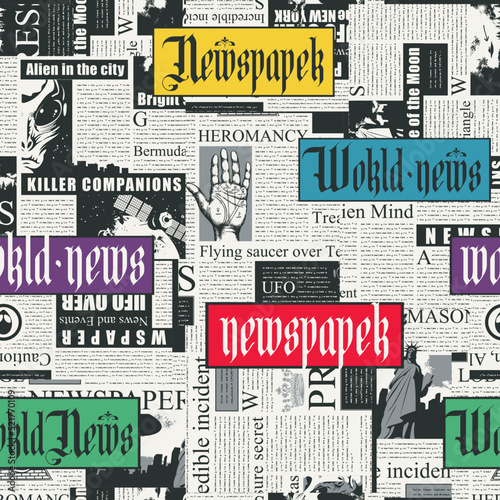 seamless pattern with a collage of newspaper clippings. Abstract background with unreadable text, titles and illustrations. Wallpaper, wrapping paper or fabric design in retro style