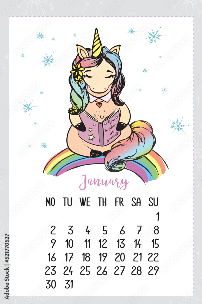 Stockvector Calendar January 2023 with cute unicorn. Monthly calendar
