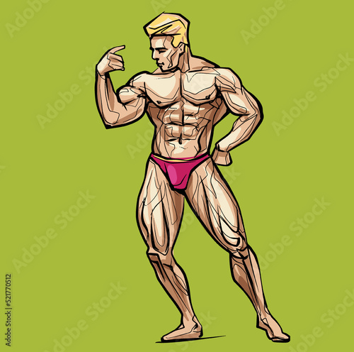 Bodybuilder muscle man fitness posing Colored Isolated Hand Drawing Vector Illustration Image