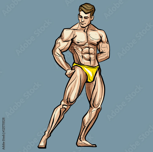 Bodybuilder muscle man fitness posing Colored Isolated Hand Drawing Vector Illustration Image