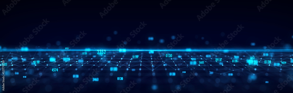 Futuristic perspective grid in digital cyberspace. Flow of binary code. Network connection structure. 3D rendering.