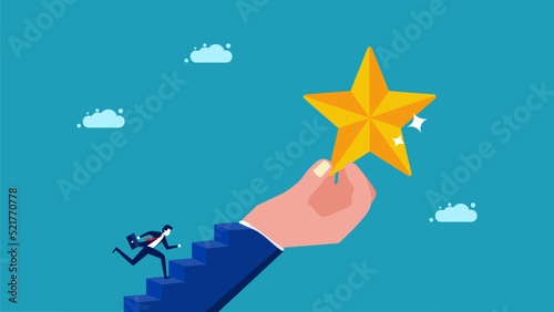 Inspiration for excellence. businessman going up the stairs holding a star vector