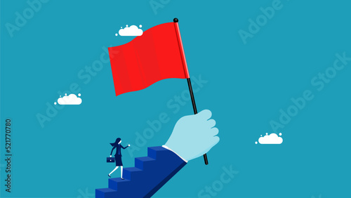 Inspiration to victory. a businesswoman going up the stairs with a hand holding a red flag vector