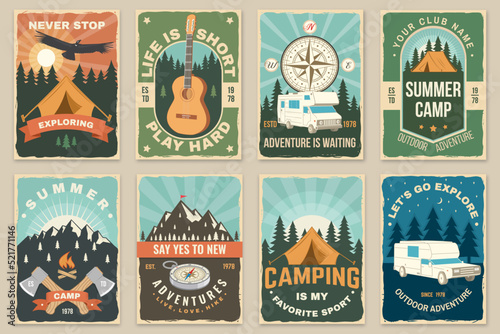 Set of camping poster, banner. Vector illustration. Concept for shirt or logo, print, stamp or tee. Vintage typography design with guitar, camping climber, tent, mountain and forest silhouette.