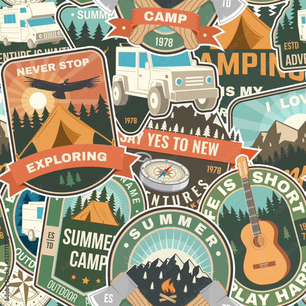 Summer camp colorful seamless pattern with travel inspirational quotes. Vector. Background, wallpaper, seamless pattern with guitar, camping climber, tent, mountain and forest silhouette.