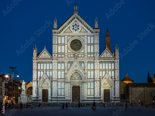 The Basilica di Santa Croce (Italian for 'Basilica of the Holy Cross'), Florence, Tuscany, Italy - front view, at night