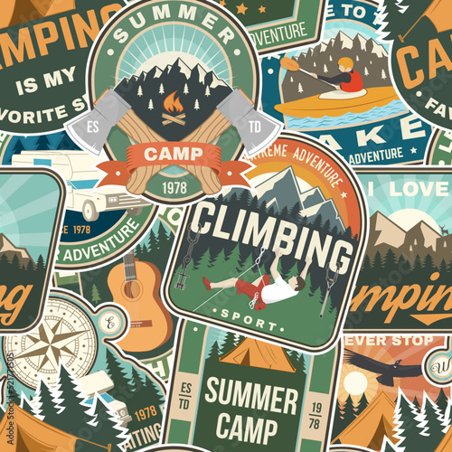 Dekoracja na wymiar  summer-camp-colorful-seamless-pattern-with-travel-inspirational-quotes-vector-background-wallpaper-seamless-pattern-with-compass-guitar-camping-climber-tent-mountain-and-forest-silhouette