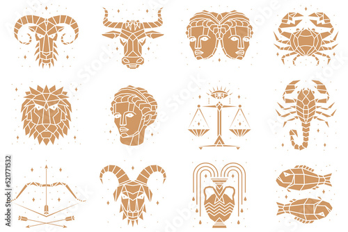 Zodiacal symbols. Vector illustration. Astrology, horoscope sign, graphic design elements, printing template. Esoteric zodiacal horoscope templates Isolated on black.