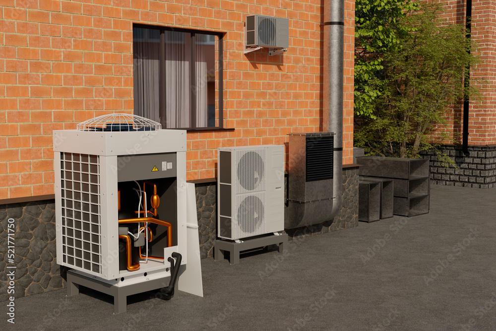 two large air conditioners and ventilation at the back of the house 3d two large air conditioners and ventilation at the back of the house 3d