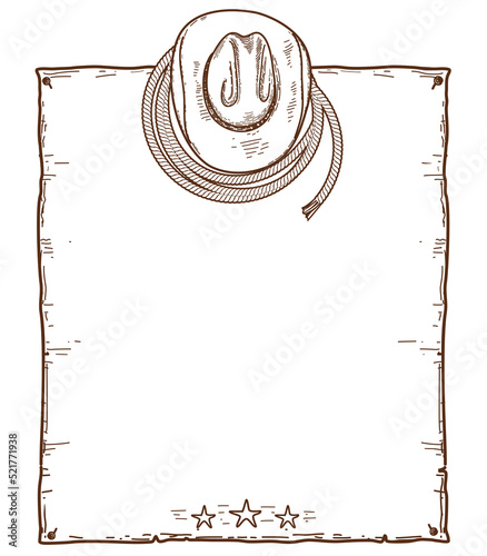 Cowboy paper background. Vector hand drawn illustration with Country cowboy hat, lasso on white background.