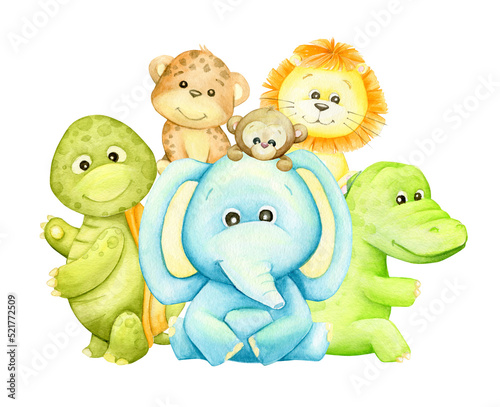 turtle, leopard, elephant, monkey, lion, alligator. Watercolor concept, on an isolated background, in cartoon style.