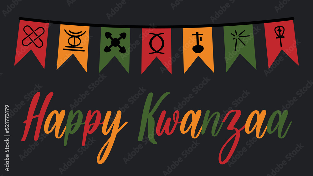 Happy Kwanzaa banner with cute festive flags bunting with seven principles of Kwanzaa symbols icon - African-American celebration in USA. Vector illustration with text lettering in African colors