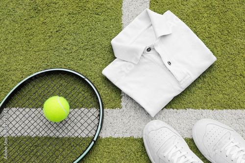 tennis racket and ball, white shoes and a polo shirt on green grass tennis court and white lines 