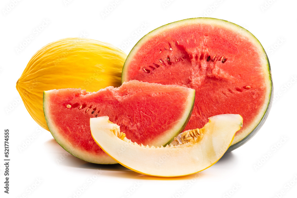 Melon and watermelon. Sliced melon and watermelon with pits. Isolate on white background Melon and watermelon. Sliced melon and watermelon with pits. Isolate on white background