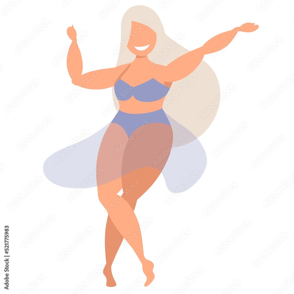 Female dancer in colourful bikini and transparent skirt. Happy woman smiling, jumping and having fun. Modern vector illustration. Ladie in swimsuit. Popular design elements for web.
