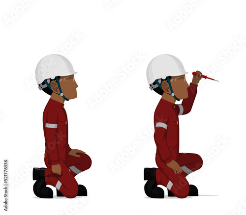 Industrial workers with screwdriver tester on white background