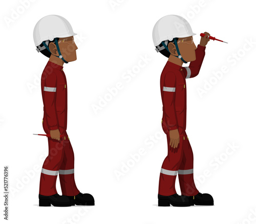 Industrial workers with screwdriver tester on white background