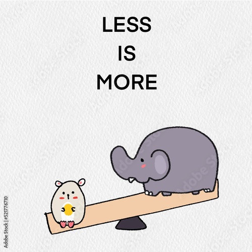 Less is more business concept with cute cartoon hand draw mouse and elephant 