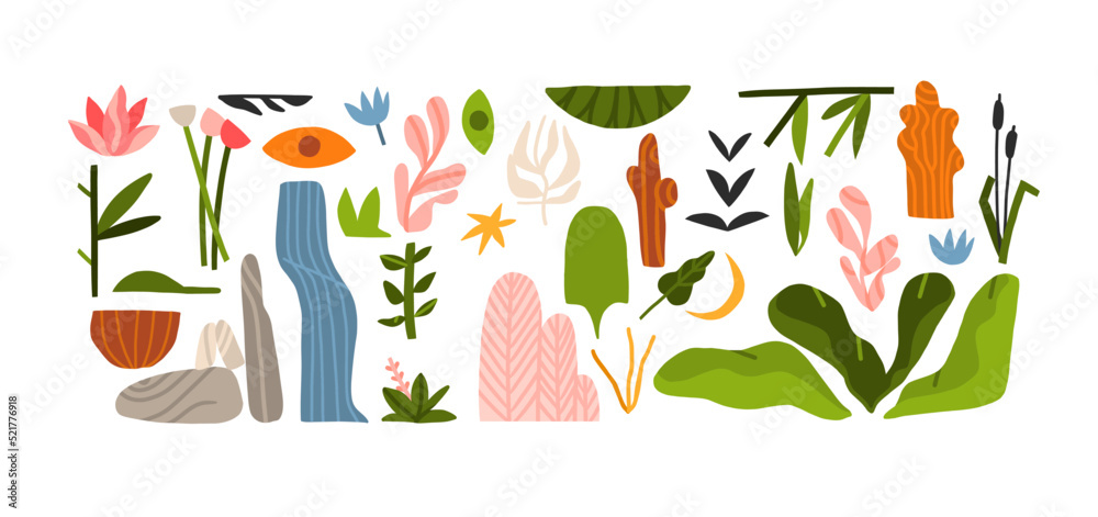 Obraz premium Hand drawn vector abstract graphic clipart illustrations collection set of composition with abstract boho nature shapes of blossom flowers and tropical leaves.Modern nature design.Botanical garden.