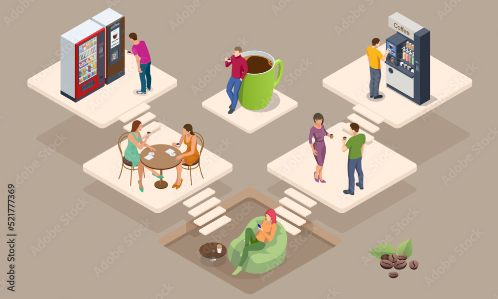 Isometric coffee time concept. Self-service coffee machines offer consistent quality coffee. Vending machine with coffee in the supermarket.