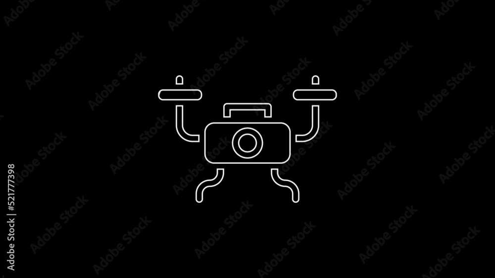 White line Drone flying icon isolated on black background. Quadrocopter with video and photo camera symbol. 4K Video motion graphic animation White line Drone flying icon isolated on black background. Quadrocopter with video and photo camera symbol. 4K Video motion graphic animation