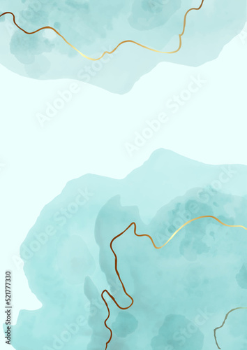 Pastel cyan watercolour marble with gold. Modern Teal turquoise vector template for card design for birthday invite,wedding, menu with soft alcohol ink texture.