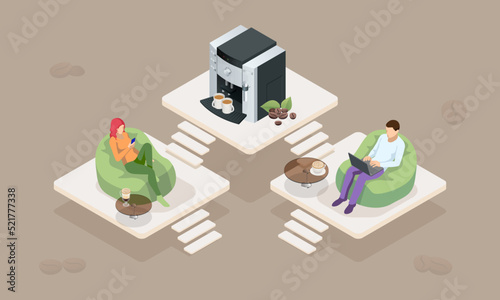 Isometric coffee time concept. Self-service coffee machines offer consistent quality coffee. Vending machine with coffee in the supermarket.