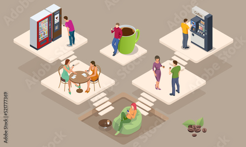 Isometric coffee time concept. Self-service coffee machines offer consistent quality coffee. Vending machine with coffee in the supermarket.
