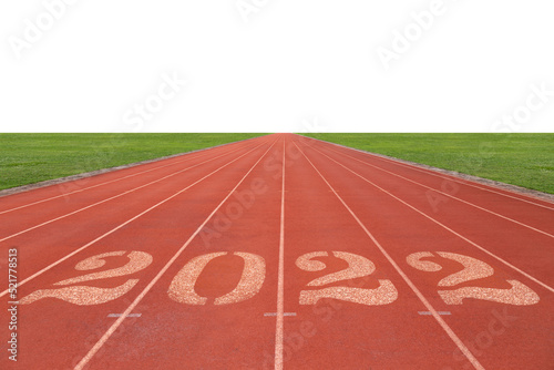 Number 2022 on the red running race track and white copy space background for design, 2022 race route concept.