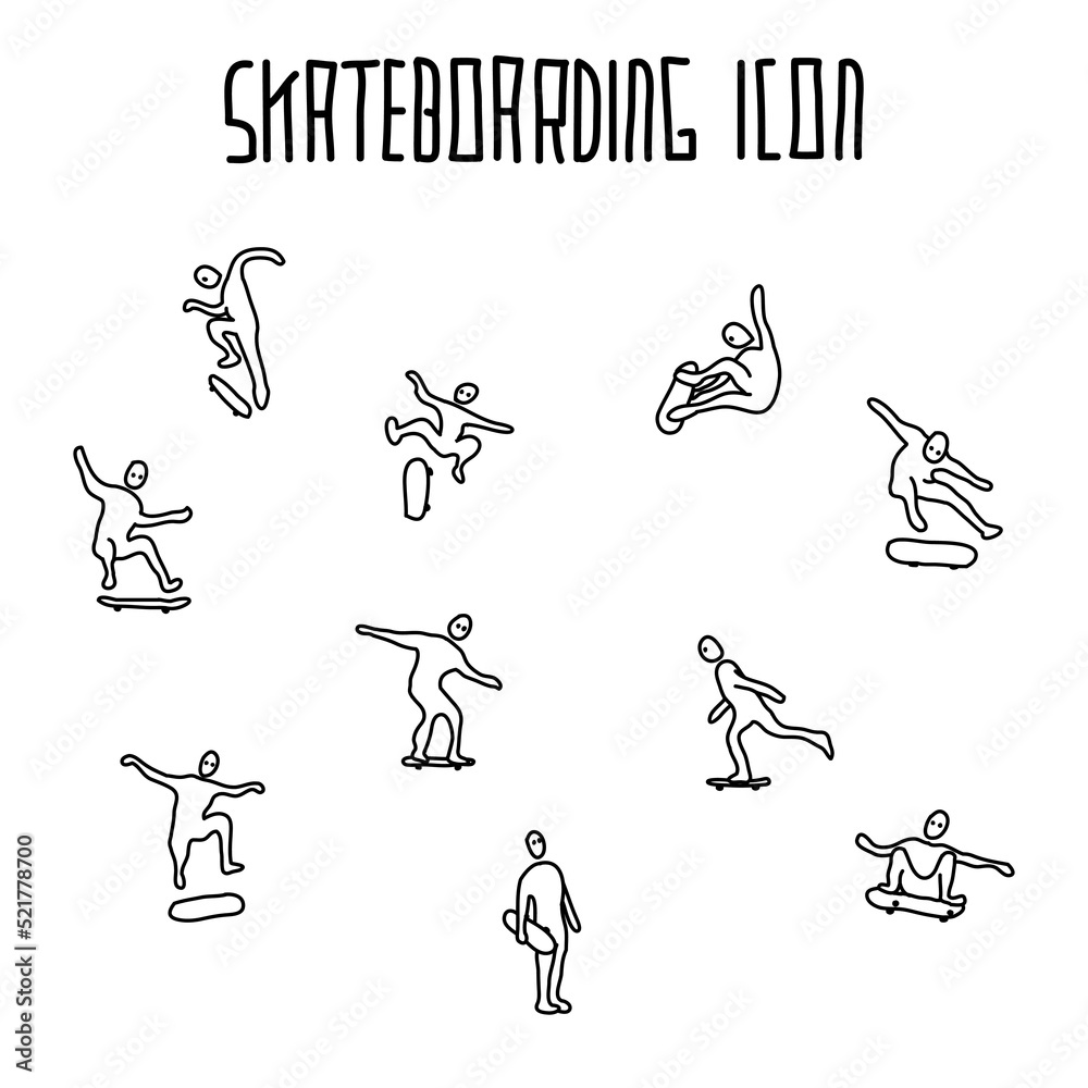 Hand drawn Skateboarding icon, simple doodle icon set