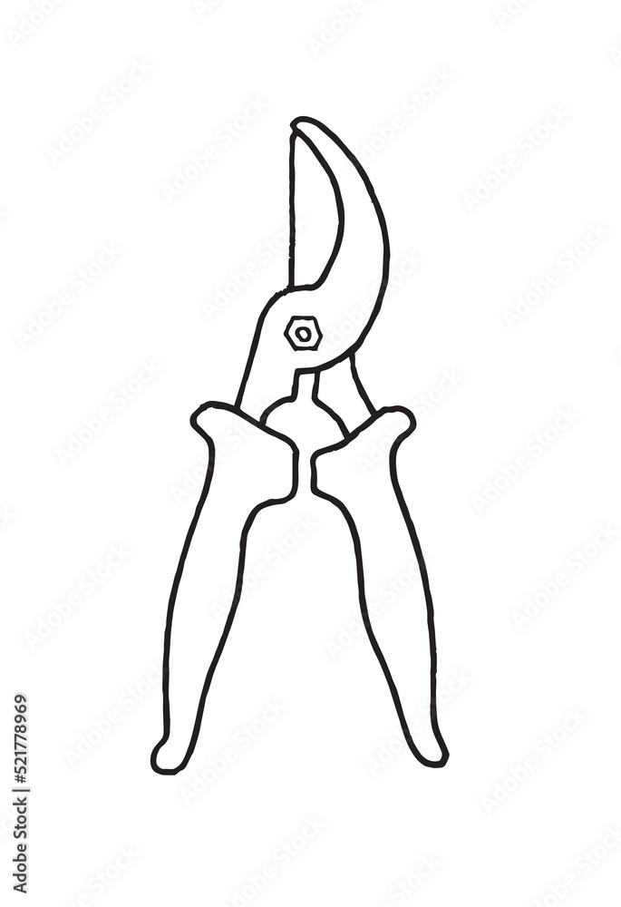 image of a pruner, black and white graphics in the style of a sketch on the theme of gardening, for embossing and coloring, sticker, logo, tag image of a pruner, black and white graphics in the style of a sketch on the theme of gardening, for embossing and coloring, sticker, logo, tag