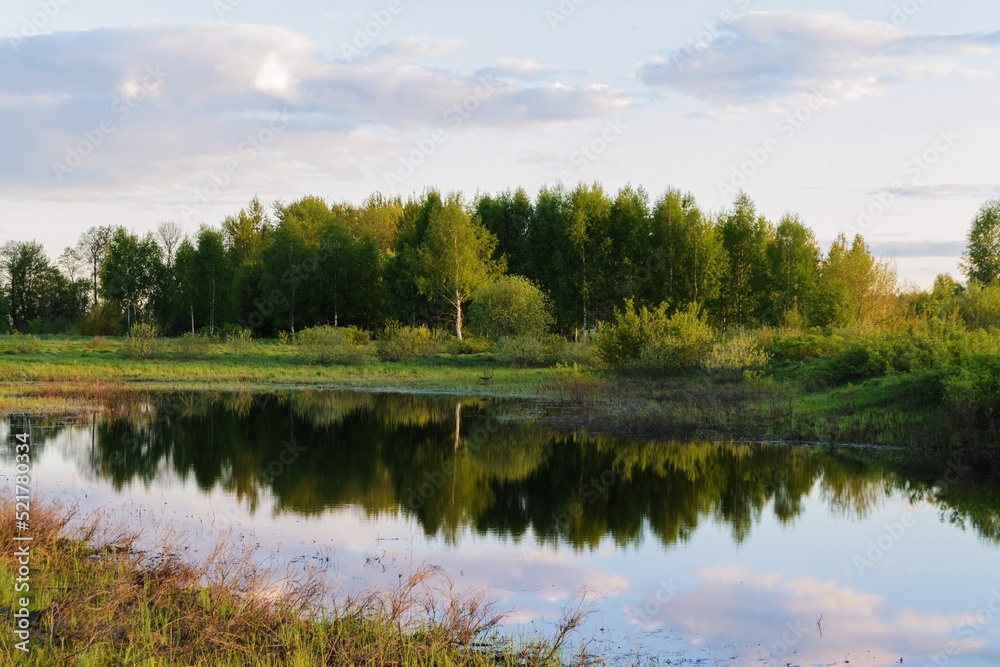 summer landscape with a river, clouds are reflected in the water surface