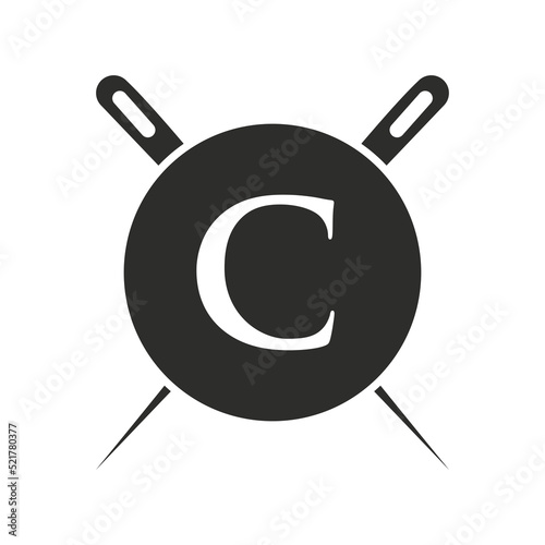 Letter C Tailor Logo, Needle and Thread Combination for Embroider, Textile, Fashion, Cloth, Fabric Template