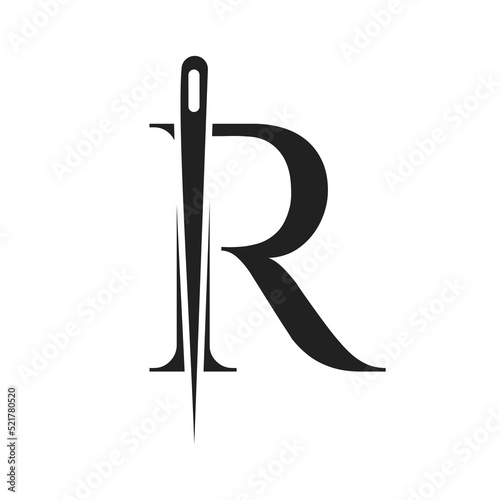 Letter R Tailor Logo, Needle and Thread Combination for Embroider, Textile, Fashion, Cloth, Fabric Template