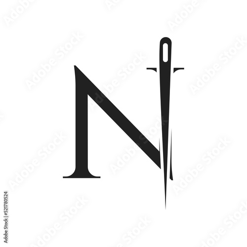 Letter N Tailor Logo, Needle and Thread Combination for Embroider, Textile, Fashion, Cloth, Fabric Template