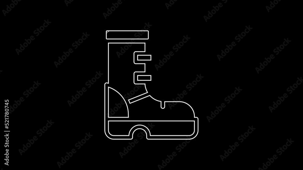 White line Waterproof rubber boot icon isolated on black background. Gumboots for rainy weather, fishing, gardening. 4K Video motion graphic animation White line Waterproof rubber boot icon isolated on black background. Gumboots for rainy weather, fishing, gardening. 4K Video motion graphic animation
