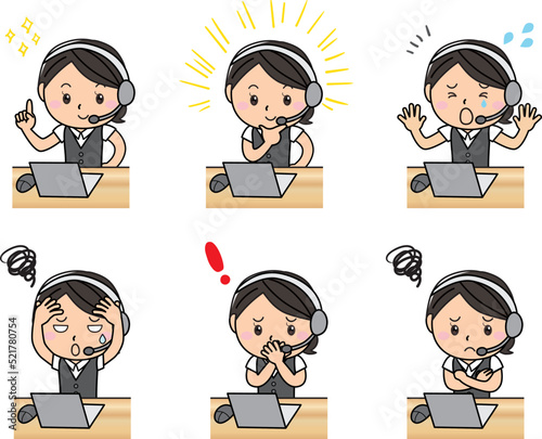 女性　事務　オペレーター　受付　パソコン　仕事　勉強　笑顔　困り顔　上半身