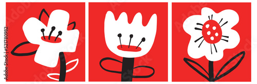 Hand Drawn Floral Vector Illustrations with White Infantile Style Flowers isolated od a Red Background. Abstract Garden Print ideal for Card, Greetings, Poster and Wall Art. Naive Nursery Art.