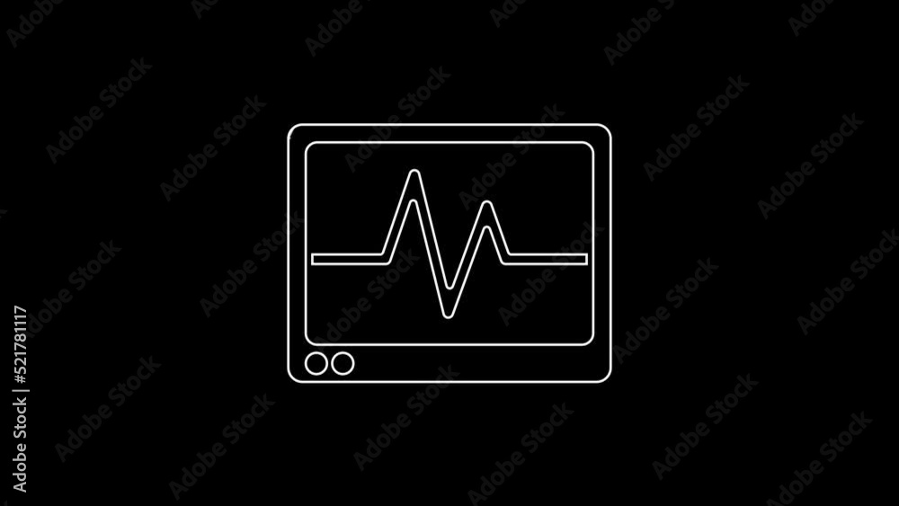 White line Computer monitor with cardiogram icon isolated on black background. Monitoring icon. ECG monitor with heart beat hand drawn. 4K Video motion graphic animation White line Computer monitor with cardiogram icon isolated on black background. Monitoring icon. ECG monitor with heart beat hand drawn. 4K Video motion graphic animation